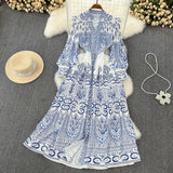 And Autumn Retro Court Style Lotus Leaf Side V-Neck Single Buckle Lantern Sleeves To Close The Waist A Word Print Dress