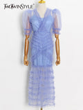 Print Dot See Through Dress For Women V Neck Puff Sleeve High Waist Ruffle Trim Dress Female Fashion New