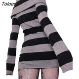 Harajuku Stripe Printing Maxi Long Sleeve Mini Dress Knitted Autumn Slash Neck Korean Fashion Dresses Lapel Outfits