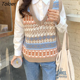 Vest Women V-neck All-match Preppy Style Print Teens Retro Chic Womens Simple Knitting Sleeveless Ulzzang Streetwear