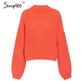 Winter lantern sleeve knitted sweater pullover Women loose round neck red sweater Female autumn casual sweater