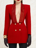 Toloer / Summer 2024 New Fashion Temperament Deep V Collar Heavy Industry Nail Bead Splicing Design To Show Back Women's Suit Jacket-Outfit