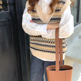 Vest Women V-neck All-match Preppy Style Print Teens Retro Chic Womens Simple Knitting Sleeveless Ulzzang Streetwear