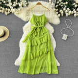 Solid Vacation Women Beach Dress 2022 Summer Fashion Sashes Zipper Sleeveless Ladies A line Ruffled