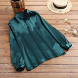 Autumn Elegant Lantern Long Sleeve Satin Blouses Women Casual Office Lapel Shirts 2022 Fashion Hollow Neckline Tunic