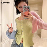 Korean Fashion Patchwork Cardigans Hollow Out Lazy Style Full Sleeve Knit Sweater Y2k Aesthetics Chic Designer