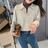 Korean Fashion Women Pullover Simple Lapel Soft Autumn Winter Polo Sweater Ladies Casual Long Sleeve All-match Jumper Coffee