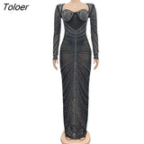 Women's Gown Rave Partywear Dress Hot Drill Mesh Diamonds Dresses Long Sleeve Skirt Slim Birthday Evening Night