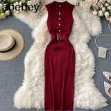 Knitted Sexy Club Sheath Bodycon Dresses Women Solid Sashes Stretch Button Vestidos 2022 Summer Robes