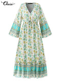 2022 Celmia Bohemian Summer Long Maxi Dress Women Sexy V-neck Floral Printed Party Vestidos Flare Sleeve Bandage Beach