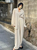 Fashion Striped Print Two Piece Pants Sets Women Outifits Autumn Casual Loose Long Sleeve Blouse With Wide Trouser
