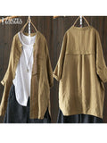 Womens Shirts 2022 ZANZEA Vintage Cotton Tunic Casual Long Sleeve Shirt Button Cardigans Female Soid Patchwork Tops Plus