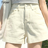 Women Korean-style Simple High Waist Solid All-match Short Denim Trousers Students Straight Wide-leg Fashion Leisure