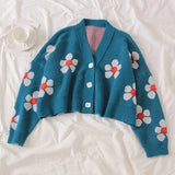 Style Flower Knit Cardigans Sweater Women V Neck Loose elegaht Thicked Pull Femme Print Short Casual Coat