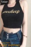 Women Elegant Halter Mink Hair Tank Tops O-Neck Knitted Off Shoulder Crop Tops Sexy Elastic Solid Tops For