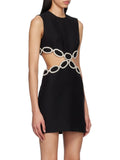 Solid Diamonds Mini Dress Women Round Neck Sleeveless Spliced Hollow Out Bodycon Dresses Female Summer 2023 Style