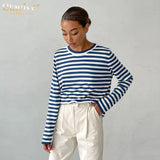 Fashion Blue Stripe Tee Women T-Shirts Winter O-Neck Long Sleeve T Shirt Elegant Loose Knit Sweater Female Clothing
