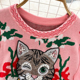 Harajuku Diamonds Beaded Cat Bow Embroidery Sweater Women's Ruffles Flower Jacquard Cartoon Pullover Jumper Crop