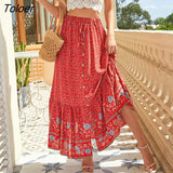 Boho Retro Floral Print Skirts Women 2023 Summer High Waist A-Line Pleated Long Skirts Casual Holiday Beach