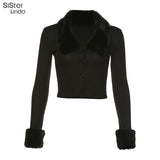 Sisterlinda Fall Winter Solid Fur Collar Rib Knit Warm Crop Coats Women Full Sleeve Slim Jacket Mujer Hot Ladies Tops