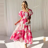 Spring And Summer Temperament Elegant Print Shoulder Bubble Sleeve Fashion