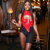 Asymmetrical Cut Out Crop Top Silver PU Leather Clubbing Strappy Open Back Halter Tight Tank Tops Summer 2023
