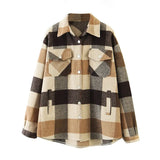 Loose Casual Wool Plaid Jacket Women Turn Down Collar Fashion Coat With Pockets Autumn Long Sleeve Ladies Jackets