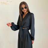Black Satin Pants Set Women Fashion V-Neck Long Sleeve Blouse Matching Wide Trousers Suit Casual Slim Two Piece Pant