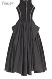 Fashion Women's Dress Round Neck Metal Chian Open Line Waist Spliced A-line Mid-calf Tank Dresses Summer 2023 New
