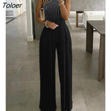 Long Women's Overalls Plants Print Asymmetrical Neck Wide Leg Jumpsuit High Waist Woman Jumpsuit Sleeveless Rompers