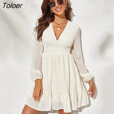 Chiffon Mesh Long Sleeve Dress Women Casual White Ruffle Party Dresses Elegant Solid V Neck Mini Dress Spring Summer