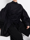 Women Drawstring Big Size Blouse New Stand Collar Long Sleeve Loose Fit Shirt Fashion Tide Spring Autumn 2023