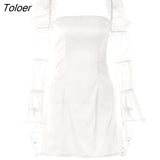 Low Cut Sexy Satin Ruched Mini Dress Women Puff Sleeve Square Collar Bodycon White Dresses Casual Elegant Party