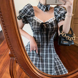 Party Plaid Vintage Kawaii Dress Women Korean Slim Puff Sleeve Mini Party Dress Femme Summer Sweet Square Collar Gothic Dress 2022