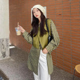 Women Green Striped Big Size Long Blouse New Lapel Long Sleeve Loose Fit Shirt Fashion Tide Spring Autumn 2023