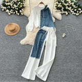 Kong Flavor Casual Suit Female Fashion Design Stitching Fake Two Hooded Jacket High-Waisted Cowboy Splicing Wide Leg