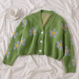 Flower Knit Cardigans Sweater Women Vintage Style Elegant Coat Loose Print Short Tops Cute V-Neck Female Sweater
