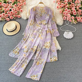 Bohemian Women 3 Pieces Set Female Elegant Long Cardigans + Strapless Camis + Wide Leg Pants Chiffon Suits New Spring Fall