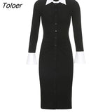Single Breasted Polo Collar Dress Women Sexy Long Sleeve Elegant Office Lady Outfits Bodycon Ruched Black Dresses