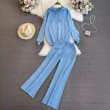 Suit Women's Korean Version Of Loose Knitted Hoodie Two Sets Of Leisure High-Rise Thin Straight Broad Leg