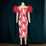 Net Yarn Sleeves Stitched Printed Bags Dresses Mid-Sevent Dress Party Dress Women