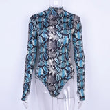 Snakeskin Printed Turtleneck Bodysuit Long Sleeve Winter Women's Body Windproof Cuffs Bodysuits Women Outfits
