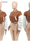 White Color Block Splice Baseball Coat Women Casual Single-breasted Full Sleeve Jacket Active Wear Running Cropped