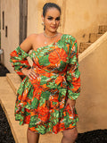 Size Botanical Print One-Shoulder Layered Dress with