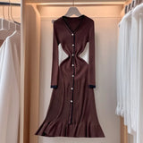 Small-Sized Famous Woman Hit The Color V-Neck Long Sleeve Single Buckle Waist Knitted Dress Women With Fish
