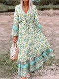 2022 Celmia Bohemian Summer Long Maxi Dress Women Sexy V-neck Floral Printed Party Vestidos Flare Sleeve Bandage Beach