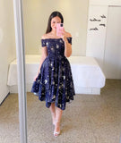 Summer Ladies Sexy Off Shoulder Flower Print Dress Elegant Short Sleeve Elastic Irregular Casual Dress Vestido De