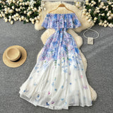 Holiday Style Shoulder Lotus Leaf Side To Receive Waist Temperament Long Swing Print Chiffon
