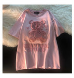 T-Shirt Kawaii Bear Flocking Pattern Cute Casual Loose T-Shirt Round Neck Summer Harajuku Street Couple