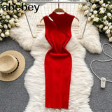 Women Knitted Strap Dress Sexy Sleeveless Slim Elastic Pencil Dress Summer Tank Bodycon Streetwear Midi